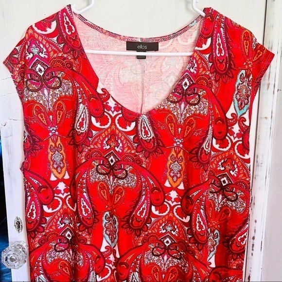 ELLOS Red Paisly Shift Dress Capped Sleeves Scoop Neck 100 Viscose Knee Length M - Picture 3 of 12